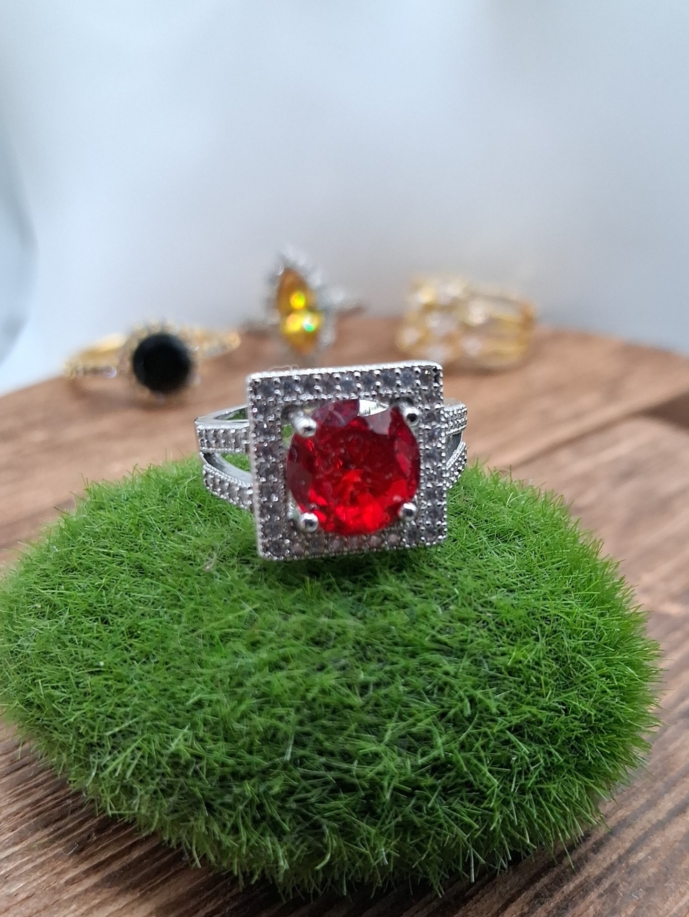 Silver Halo Ring with Red Center Stone Size 6.5 R829